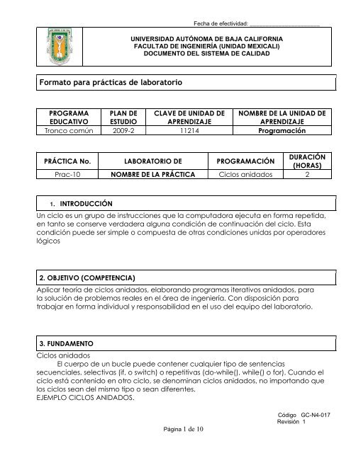 Práctica 10 ciclos anidados - Universidad Autónoma de Baja ...