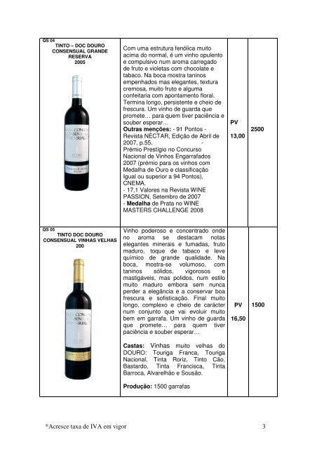 *Acresce taxa de IVA em vigor 1 Teor Alcoólico 14,50%