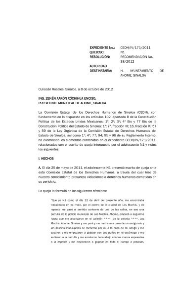 Recomendación 38/2012 - Comisión Estatal de Derechos Humanos