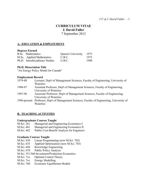 CURRICULUM VITAE J. David Fuller 7 September 2012