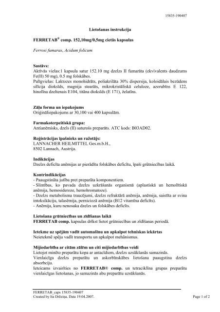 Lietošanas instrukcija FERRETAB® comp. 152,10mg/0,5mg ... - elpa.lv