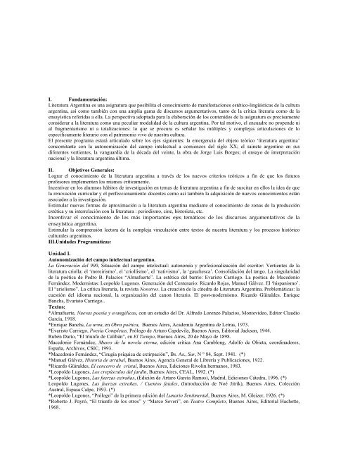 Literatura Argentina II - Facultad de Ciencias Sociales