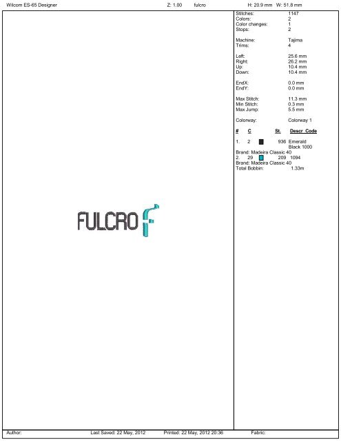 Wilcom ES-65 Designer Z: 1.00 fulcro H: 20.9 mm W: 51.8 mm Stitches