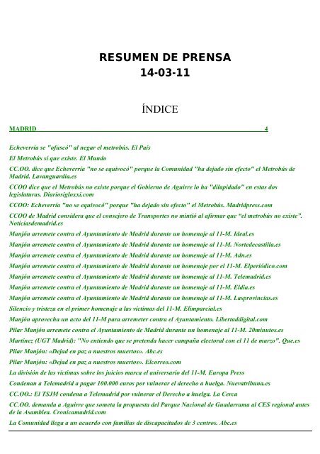 RESUMEN DE PRENSA - Comisiones Obreras de Madrid