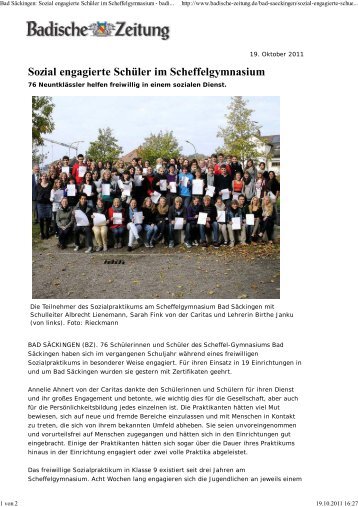 Sozial engagierte Schüler (BZ, 19.10.11, pdf) - Scheffel-Gymnasium ...