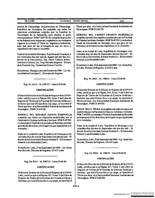 Diario Oficial de Nicaragua - No. 239 del 18 de diciembre 2000