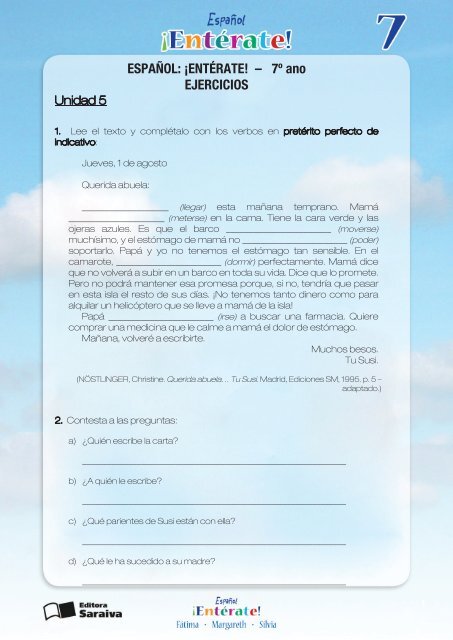 ESPAÑOL: ¡ENTÉRATE! – 7º ano EJERCICIOS - Editora Saraiva