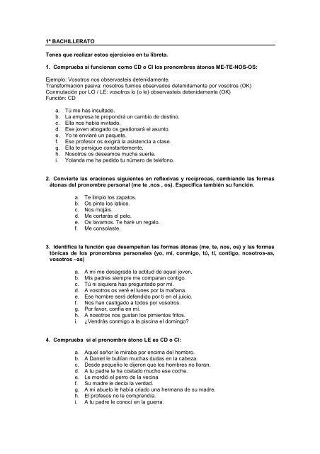 1º BACHILLERATO Tenes que realizar estos ejercicios en ... - Bell-lloc