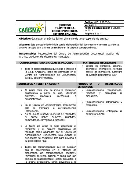 PROCESO DE CORRESPONDENCIA ENVIADA - Carisma E.S.E.