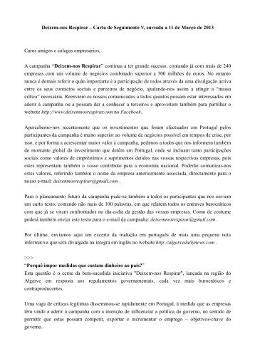 Deixem-nos Respirar – Carta de Seguimento V, enviada a 11 de ...