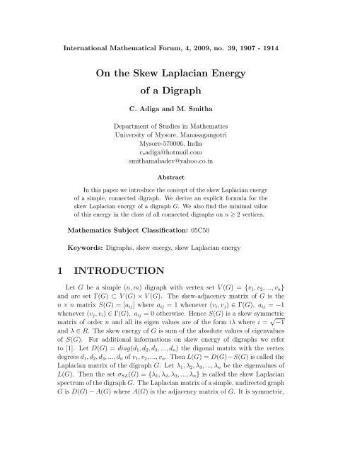 On the Skew Laplacian Energy of a Digraph 1 INTRODUCTION