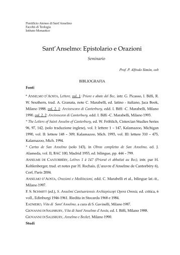 Sant'Anselmo: Epistolario e Orazioni - Pontificio Ateneo S. Anselmo