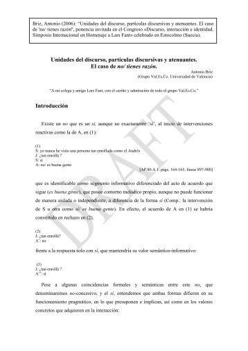 Unidades del discurso, partículas discursivas y ... - Val.Es.Co