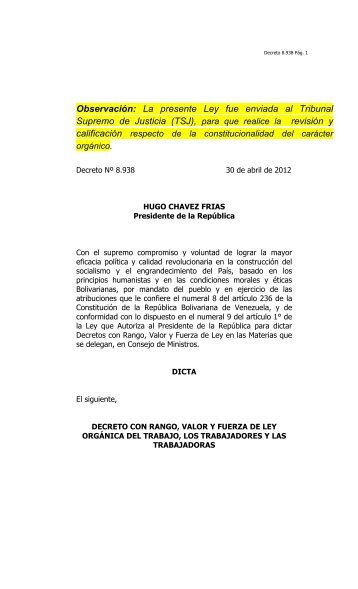 DECRETO LEY ORGANICA DEL TRABAJO (ENVIADA) - Asamblea ...