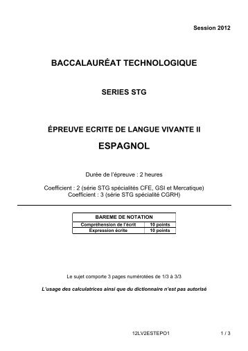 Sujet du bac STG - Espagnol LV2 2012 - Polynésie - Sujet de bac