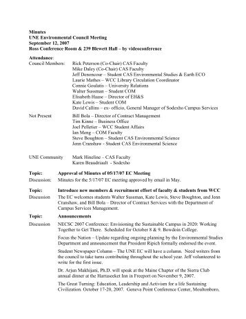 Minutes UNE Environmental Council Meeting September 12, 2007 ...