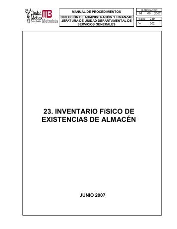 23. INVENTARIO FíSICO DE EXISTENCIAS DE ALMACÉN - Metrobús