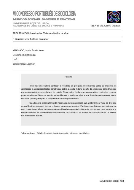 Brasília: uma história contada - Associação Portuguesa de Sociologia