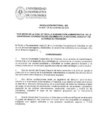 Resolución Rectoral Nº 082 de 2010 - Universidad Cooperativa de ...