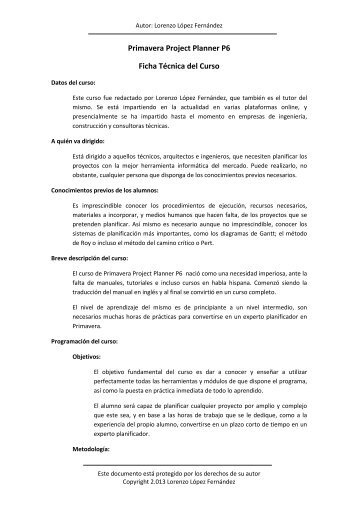 Primavera Project Planner P6 Ficha Técnica del Curso - Aula de ...