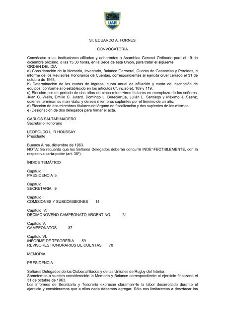 Memoria 1963 - Unión Argentina de Rugby