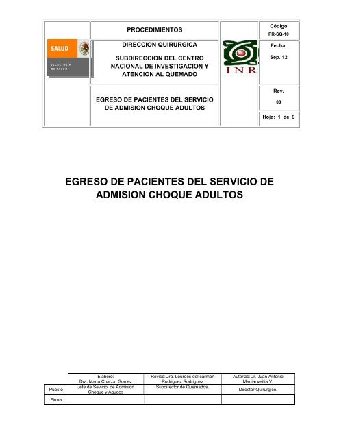 egreso de pacientes del servicio de admision choque adultos - Inicio