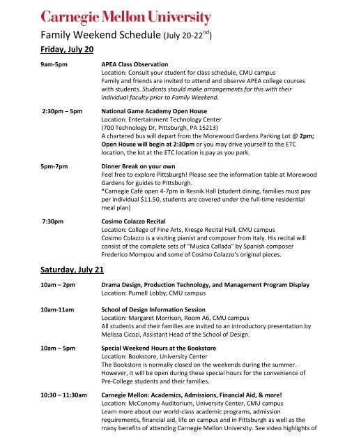 Family Weekend Schedule - Carnegie Mellon University