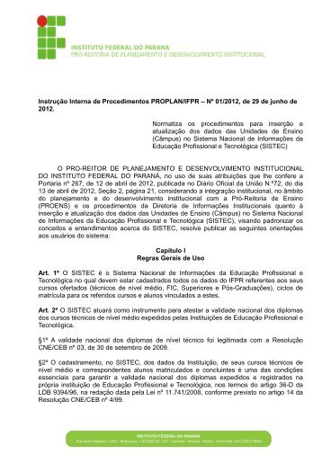 Instrução Interna de Procedimentos PROPLAN/IFPR – Nº 01/2012 ...