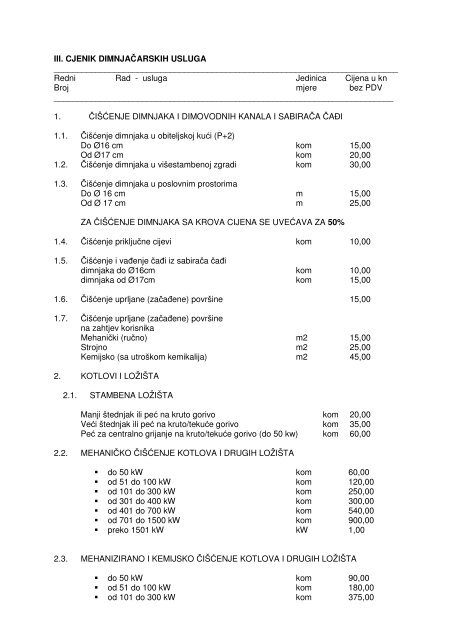 III. CJENIK DIMNJAČARSKIH USLUGA Redni Rad - u - Grad Rovinj