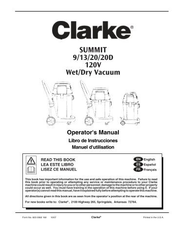 SUMMIT 9/13/20/20D 120V Wet/Dry Vacuum Operator's ... - Clarke