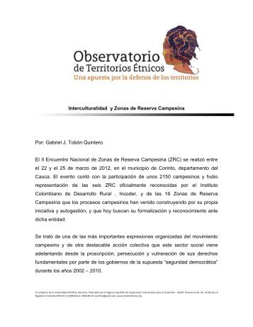 Interculturalidad y Zonas de Reserva Campesina Por: Gabriel J ...