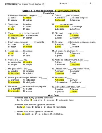 Español 1 –el final de gramática – STUDY GUIDE ANSWERS ...