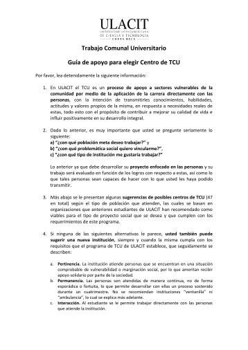 Trabajo Comunal Universitario Guía de apoyo para elegir ... - Ulacit