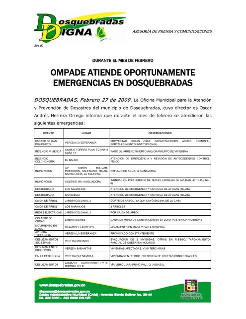 OMPADE ATIENDE OPORTUNAMENTE EMERGENCIAS EN ...