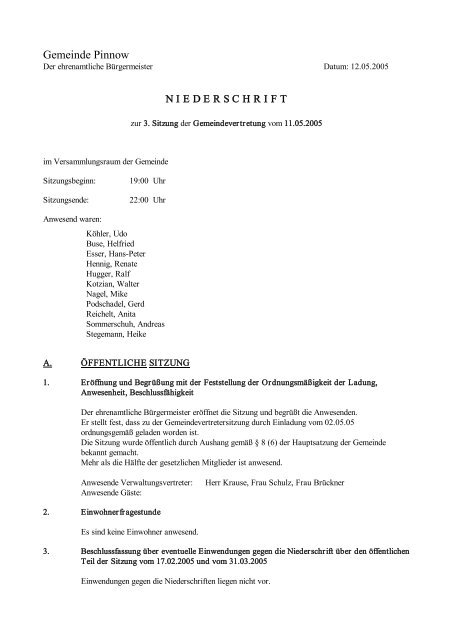 Niederschrift der Gemeindevertretersitzung vom ... - Amt Oder-Welse