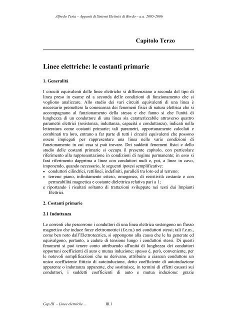 Capitolo Terzo - Linee elettriche: le costanti primarie