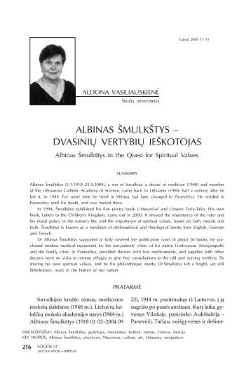 ALBINAS ŠMULKŠTYS – DVASINIŲ VERTYBIŲ IEŠKOTOJAS - Logos