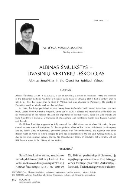 ALBINAS ŠMULKŠTYS – DVASINIŲ VERTYBIŲ IEŠKOTOJAS - Logos