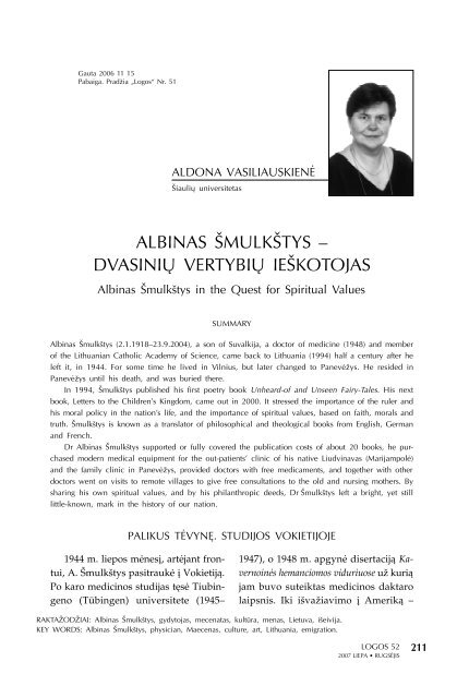 Albinas Šmulkštys - dvasinių vertybių ieškotojas (pabaiga) - Logos