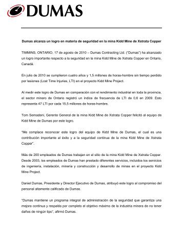 Dumas alcanza un logro en materia de seguridad en la mina Kidd ...
