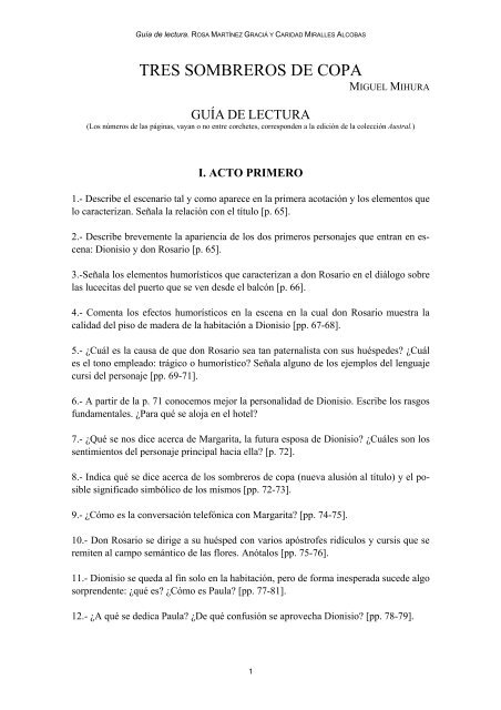 TRES SOMBREROS DE COPA. Guía de lectura