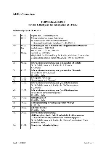 Schiller-Gymnasium TERMINKALENDER für das 2. Halbjahr des ...