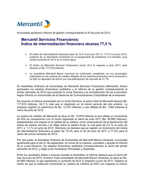 Accionistas aprobaron informe de gestión ... - Banco Mercantil