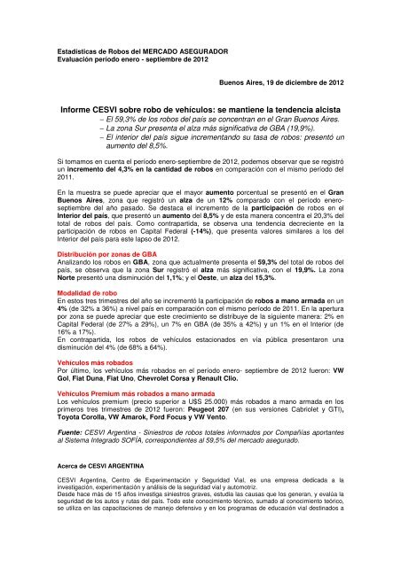 Informe CESVI sobre robo de vehículos: se ... - CESVI Argentina