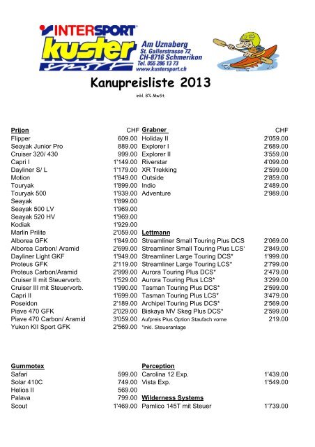 Kanupreisliste 2013 - Kuster Sport AG