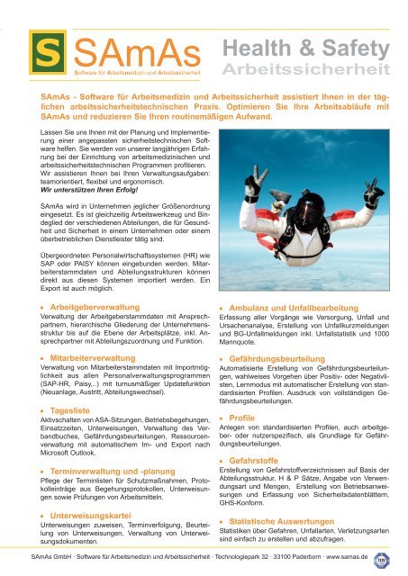 Samas Software SAmAs Produktflyer Software für Arbeitsmedizin und Arbeitssicherheit