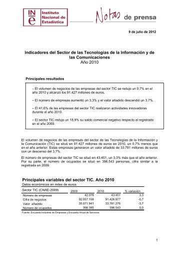 Indicadores del sector TIC - Instituto Nacional de Estadística