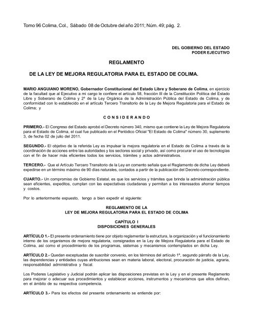 reglamento de la ley de mejora regulatoria para el estado de colima.