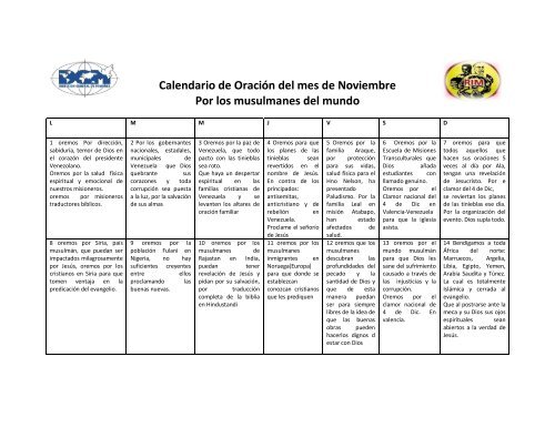 Calendario de Oración del mes de Noviembre Por los musulmanes ...