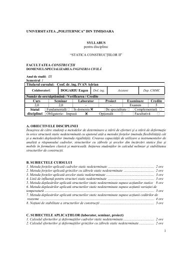 Statica constructiilor 2 - Facultatea de Construcţii Timişoara